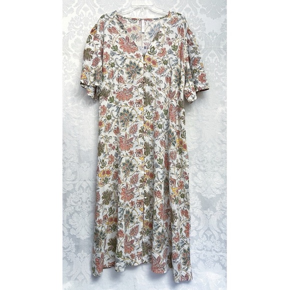 Mango Womens NWT Floral Print V-Neck Buttoned Linen-Blend Midi Dress Size 18 New - Picture 2 of 12